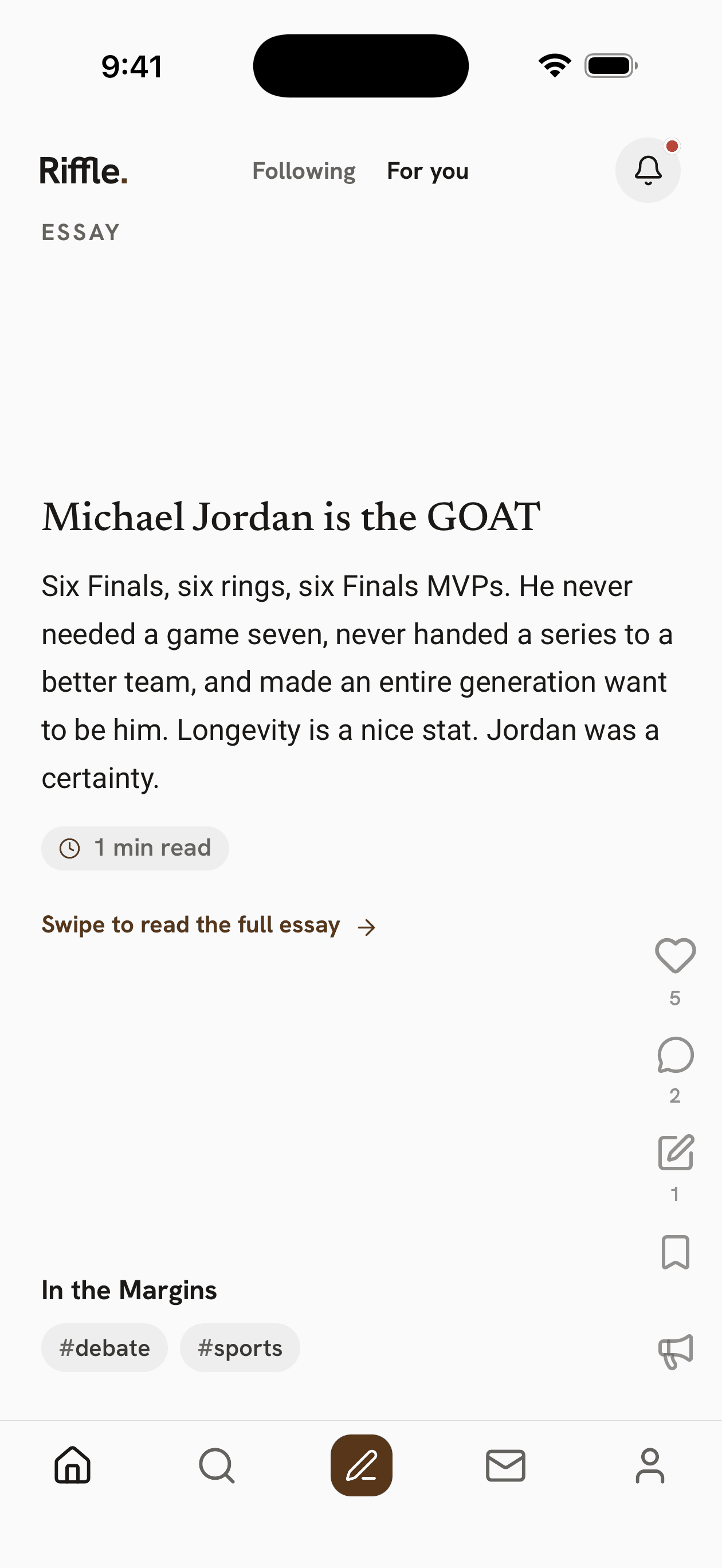 An essay arguing Michael Jordan is the greatest basketball player, in the Riffle feed