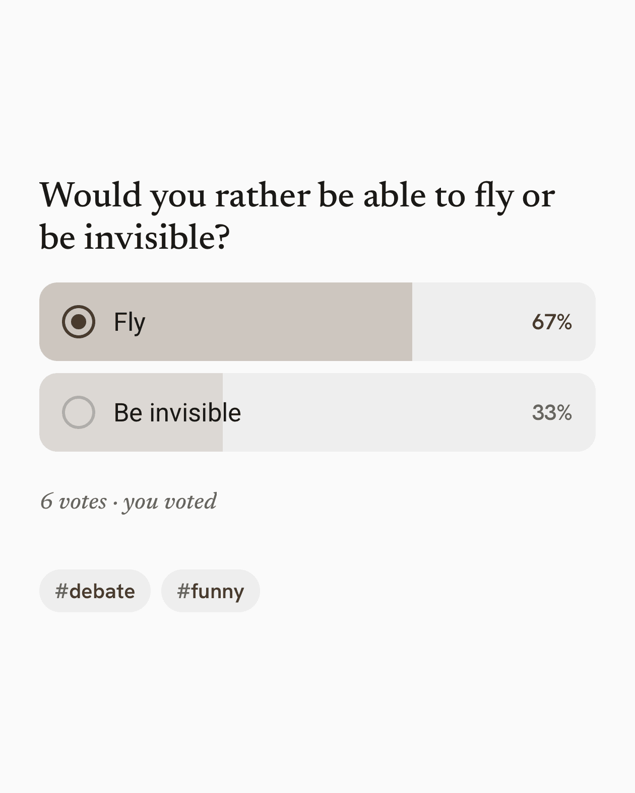 An answered would-you-rather poll showing the share of each option